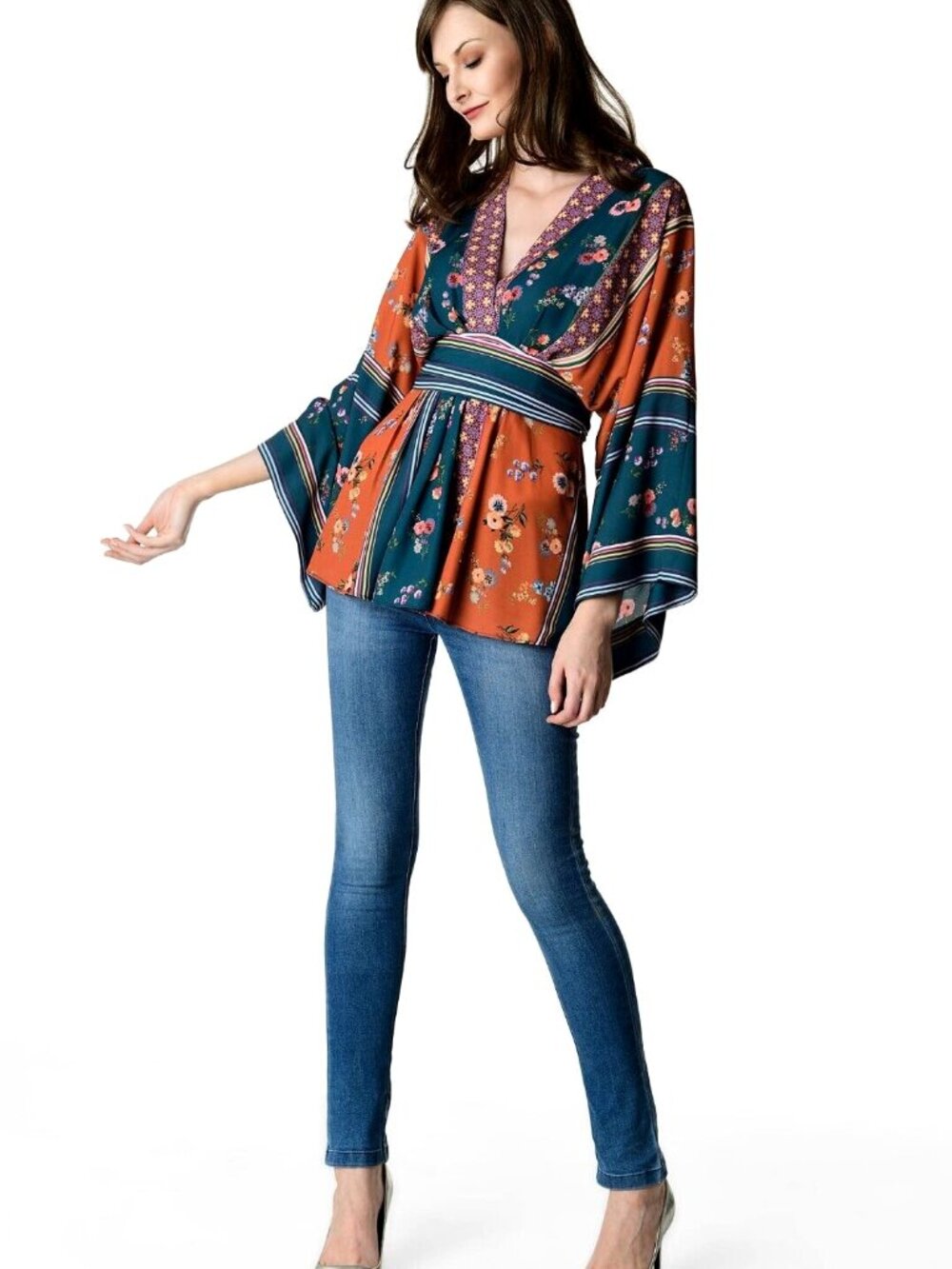 Wayward Fancies Floral Wide Sleeve Blouse Bell Sleeve Eshakti Boho Kimono Tie